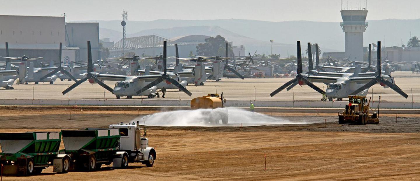 LEED Gold Certified - MCAS Miramar Hangar Granite engineered special “high-temperature concrete” for Miramar Marine Corps Air Station in San Diego. More than 1.3 million square feet of recycled concrete and asphalt were used, adding to the LEED Gold rating.